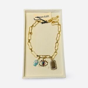 Open Edit Gold-Tone Charm Necklace – Evil Eye, Hamsa & Crystal Tag